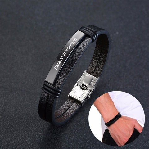 CUSTOM ENGRAVED STEEL LEATHER BRACELET